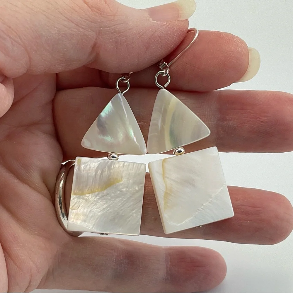 Mod Mother of Pearl Earrings, Handmade, Triangles & Squares, Neutral